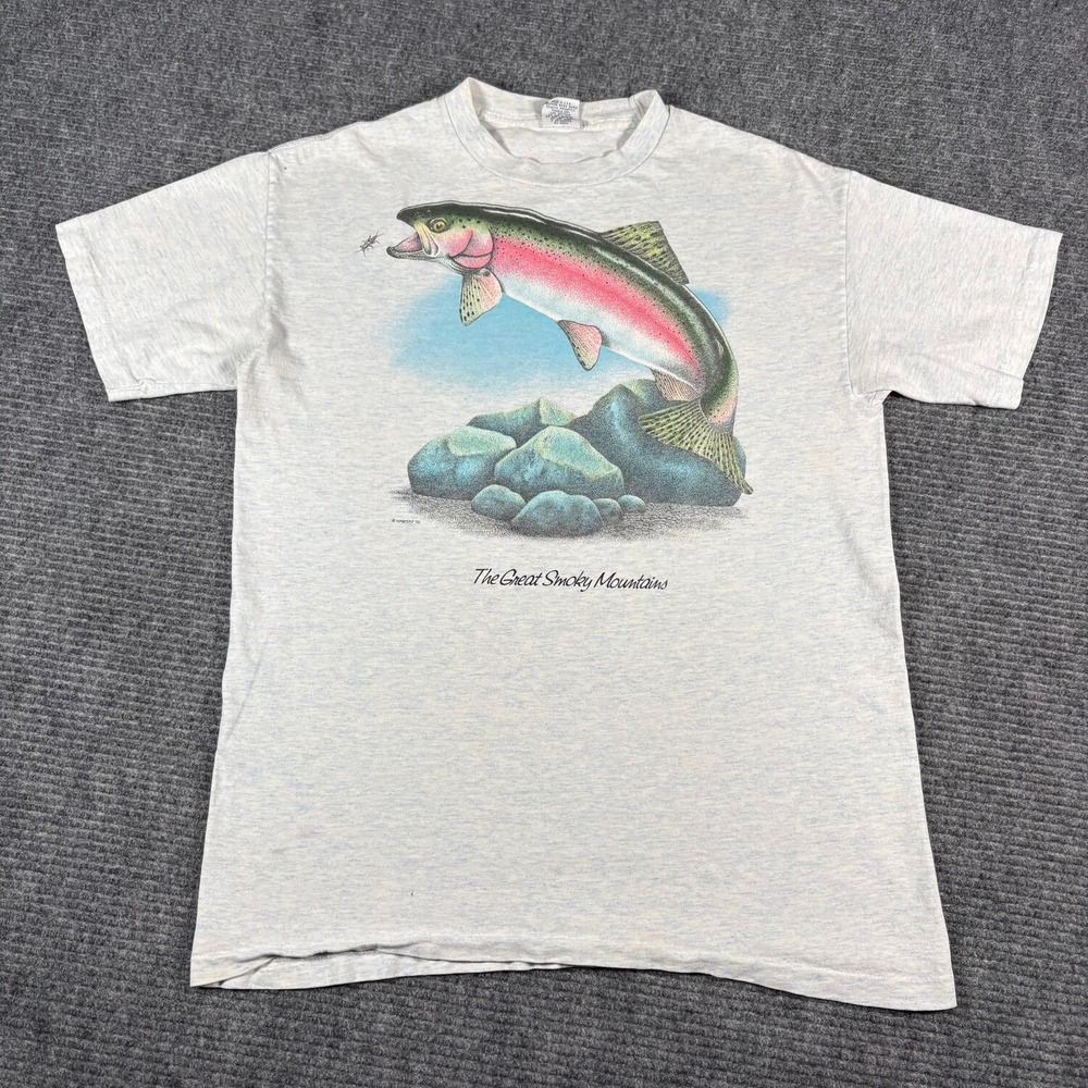Vtg Signal T-Shirt Mens L Gray Excellent 1990 Smoky Mountains Rainbow Trout Tee